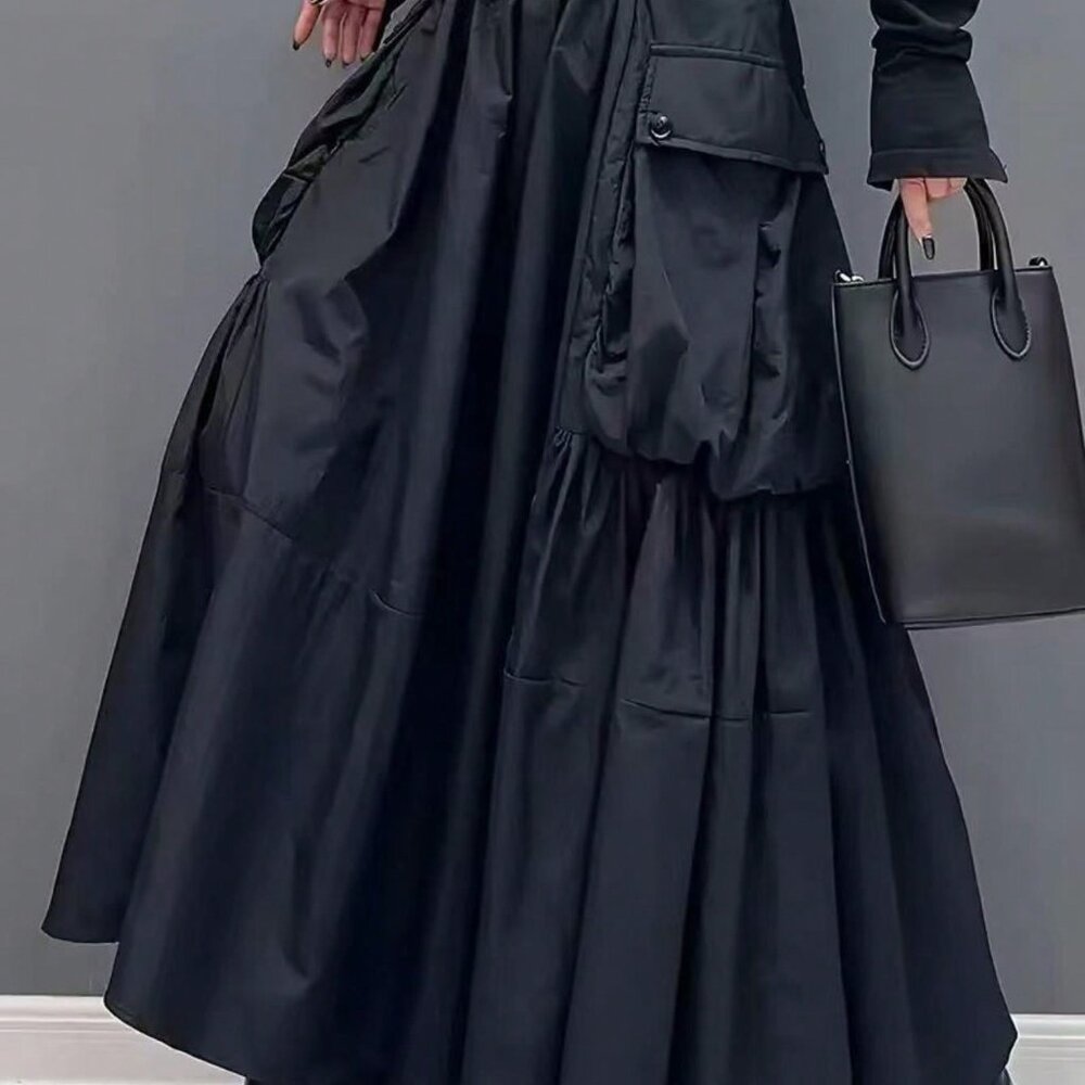 Black Elegant Women's High Waist Flared Long Skirt With Large Pockets - Picture 5 of 5